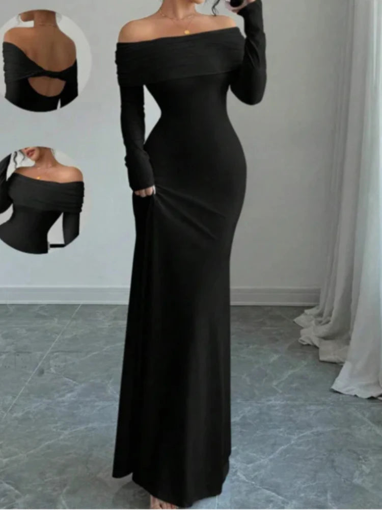 European and American 2025 Cross border Spring/Summer New French Fashion One Piece Collar Slim Fit High Waist Sexy Banquet Dress