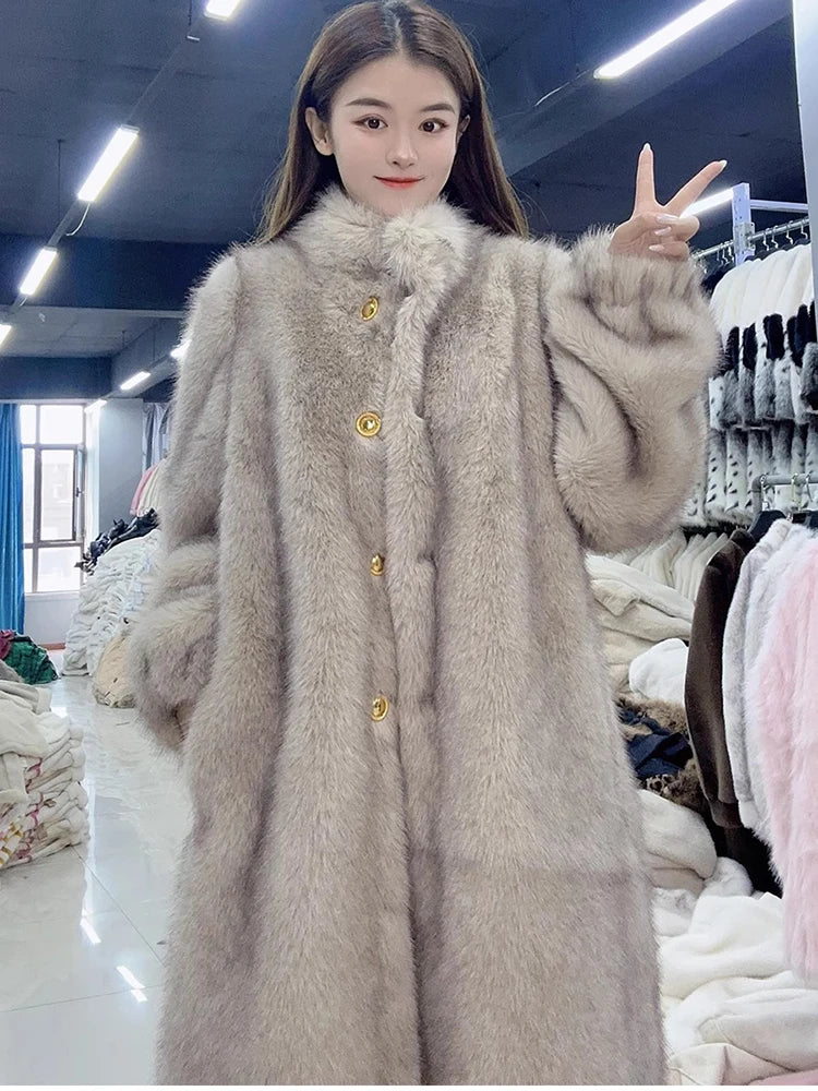 Lautaro Autumn Winter Long Thick Warm Hairy Soft Faux Fox Fur Coat Women Stand Collar Elegant Luxury Chic Fluffy Jacket 2024