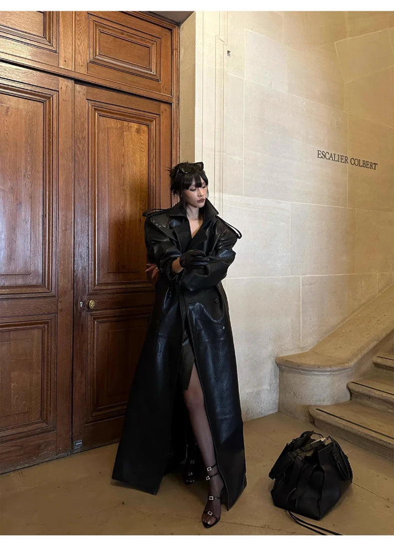 Lautaro Spring Autumn Extra Long Black Pu Leather Trench Coat for Women with Back High Slit Luxury Chic European Fashion 2024