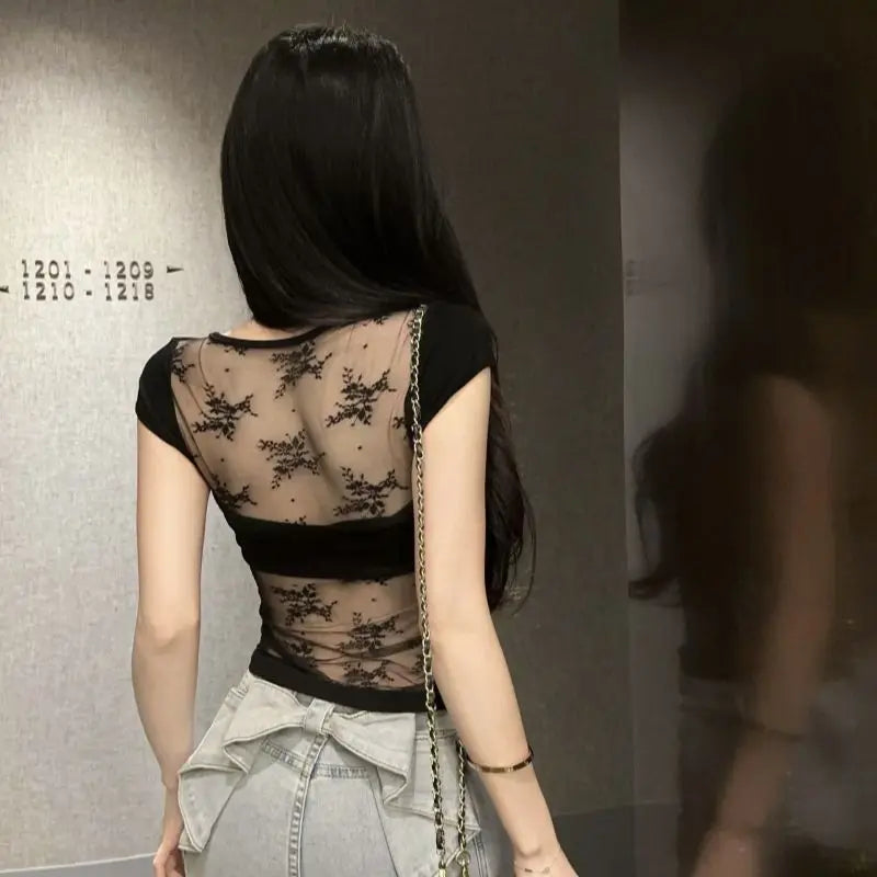 U-neck Short-sleeve T-shirt for Women Summer Slim-fit Sexy Sheer Mesh Fashionable Versatile Cropped Top