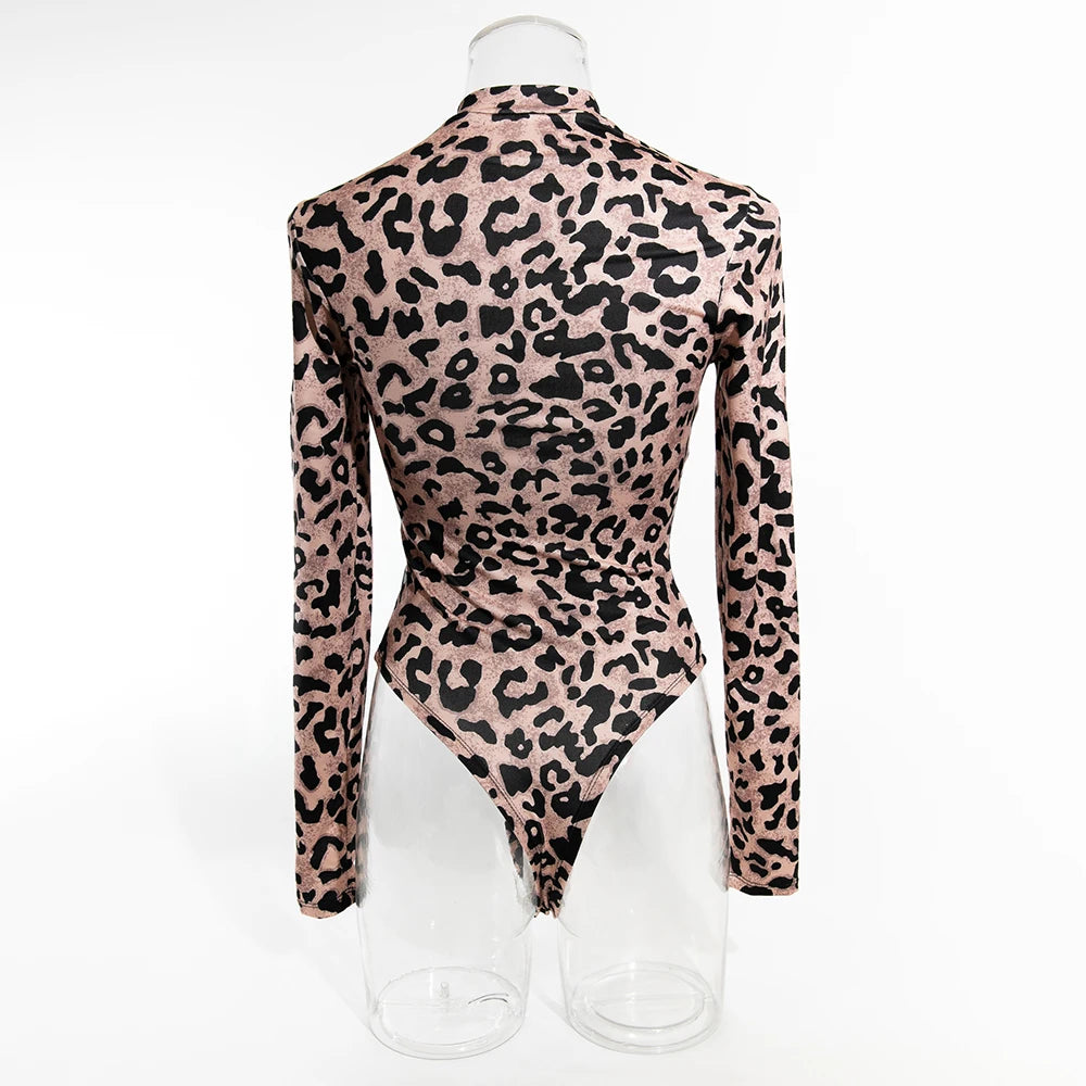 Yimunancy Leopard Print Women Mesh Bodycorn Bodysuit Long Sleeve Sexy Bodysuit Stand Colloar Body Femme
