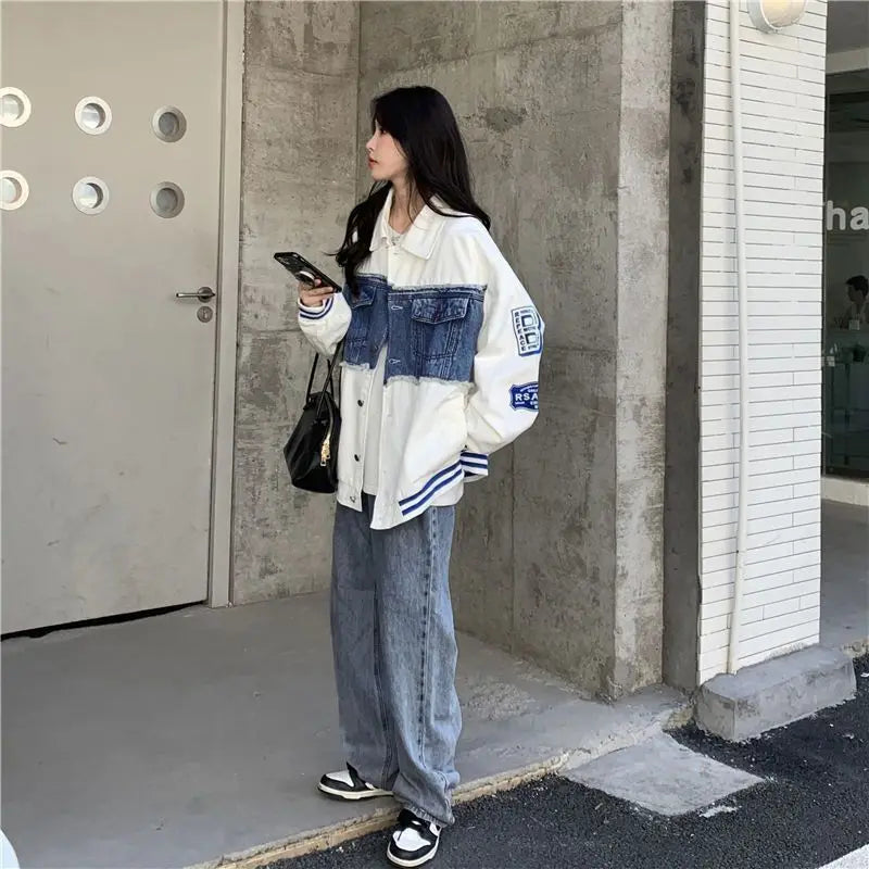 Denim Jacket Embroidered Baseball Uniforms Bomber Jackets Streetwear Harajuku Y2k Tops Trench Coats Hip Hop Long Sleeve Coats