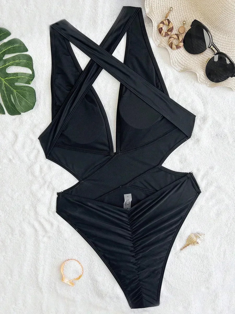 Scrunch Butt Swimsuits Deep V Neck Cross Backless One Piece Swimsuit Women Swimwear Female Monokini High Cut Bathing Suit Swim