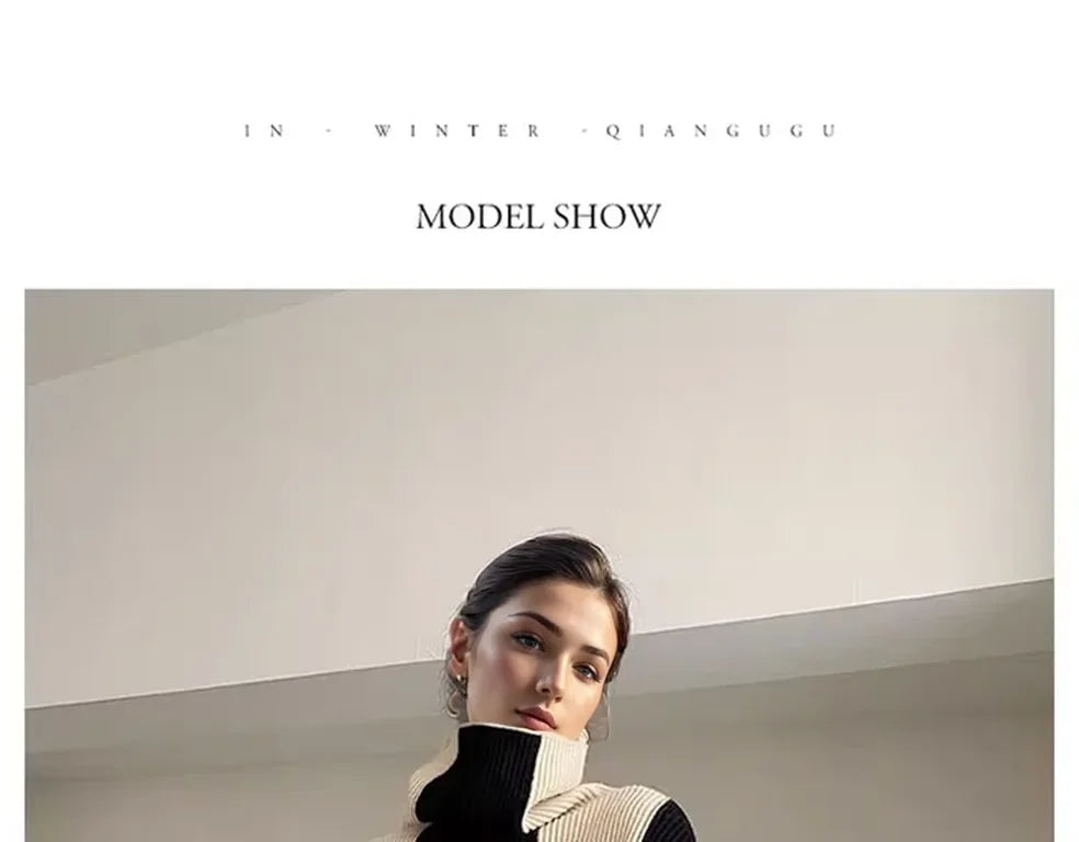 High-crowned Lazy Style Black White Stripe Wool Coat Women Autumn Winter Outdoor Warm Soft Cover Knitted Top Thick