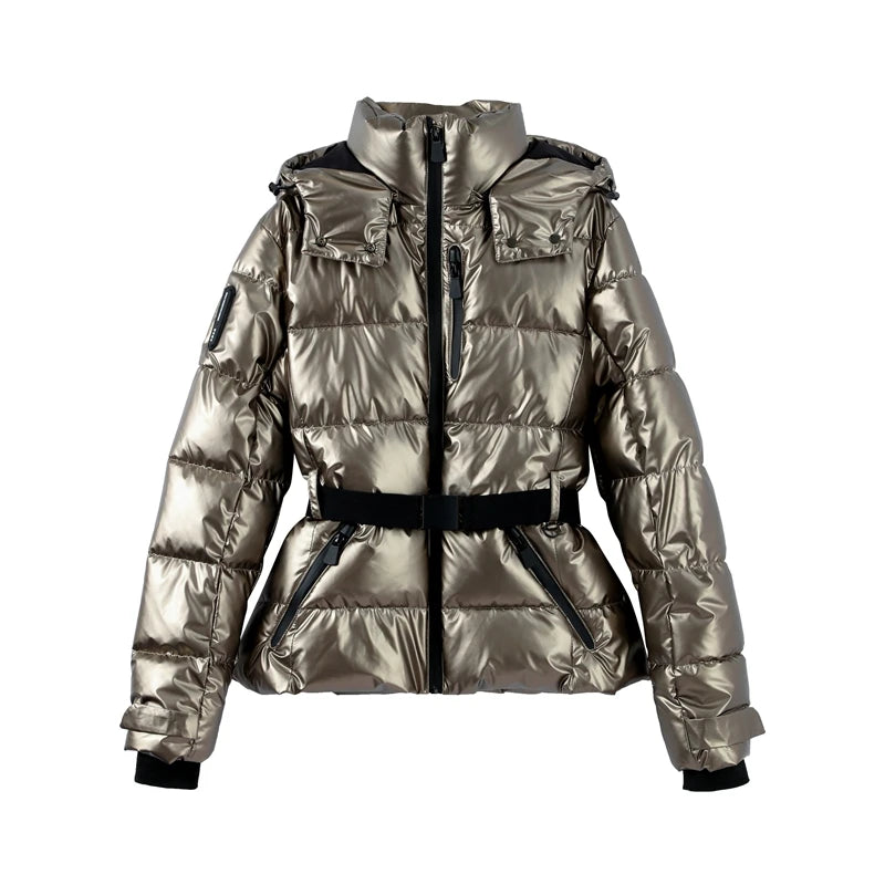 Fashion Hooded Padded Coats With Belt Women Slim Stand Collar Full Sleeve Pocket Coat Winter Lady Thicken Warm Skiing Jacket