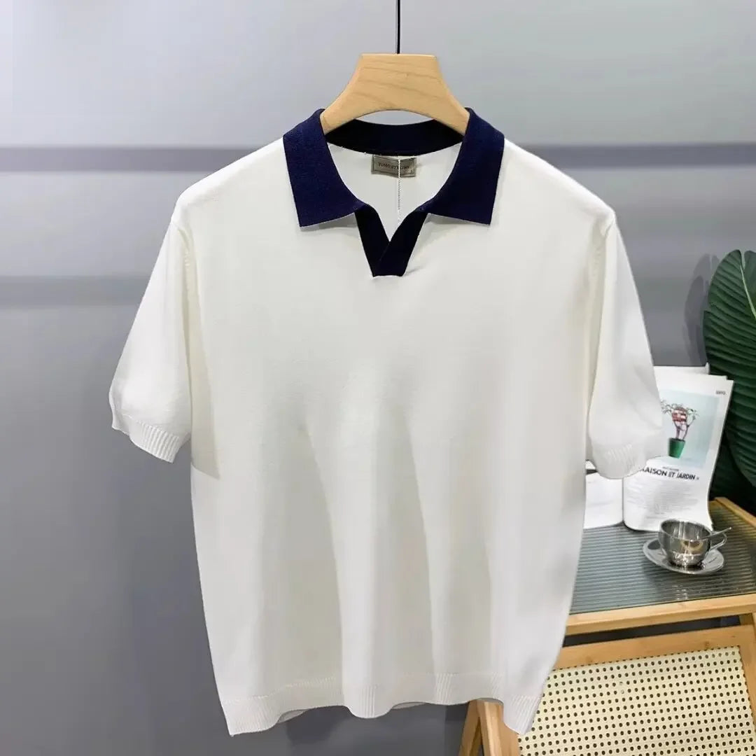 Summer Fashion Korean Style Loose Fit Color Blocking Lapel Knit Polo Shirt Men's Sleeves T-shirt Trendy Half Sleeve Body T-shirt