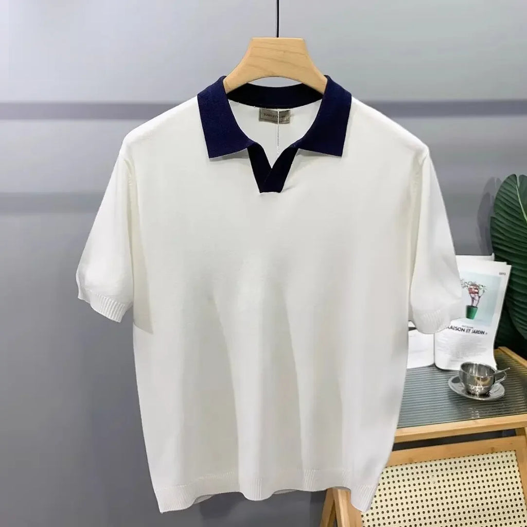 Summer Fashion Korean Style Loose Fit Color Blocking Lapel Knit Polo Shirt Men's Sleeves T-shirt Trendy Half Sleeve Body T-shirt