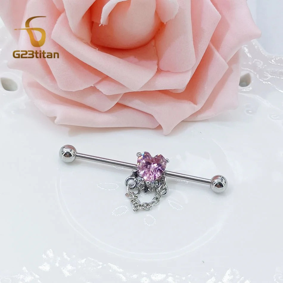 14G Titanium Industrial Barbell Dangling Chain Pink CZ Zircon Heart Star Ear Cartilage Helix Earring Women Girl Piercing Jewelry