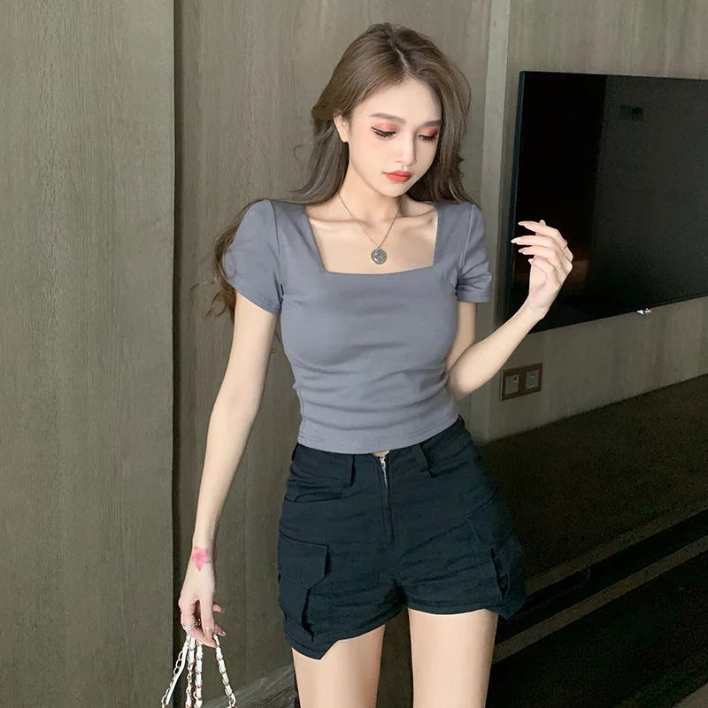 Women Slim Fit Square Neck Short Sleeve T-shirt High Waist Short Version Exposing Waist Outdoor Wear Base Shirt Top