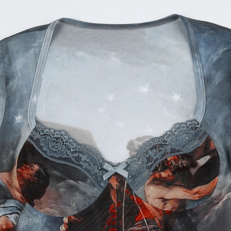 Rockmore  Vintage Printed Mesh Bodysuits Women Lace Bow Square Neck High Waist Wrapping Long Sleeve Bodysuit Halloween Christmas