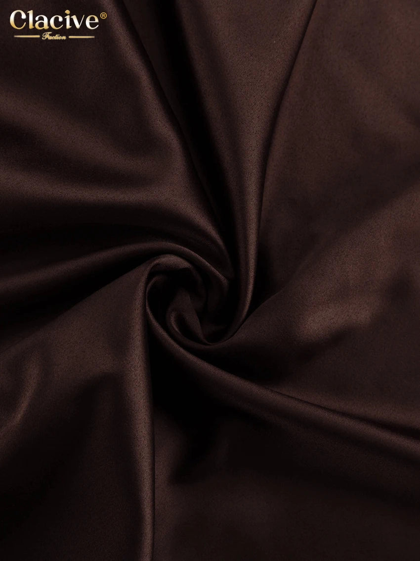 Clacive Fashion Loose Brown Satin Womens Dresses 2025 Summer Strap Sleeveless Floor Length Dress Sexy Backless Female Dress