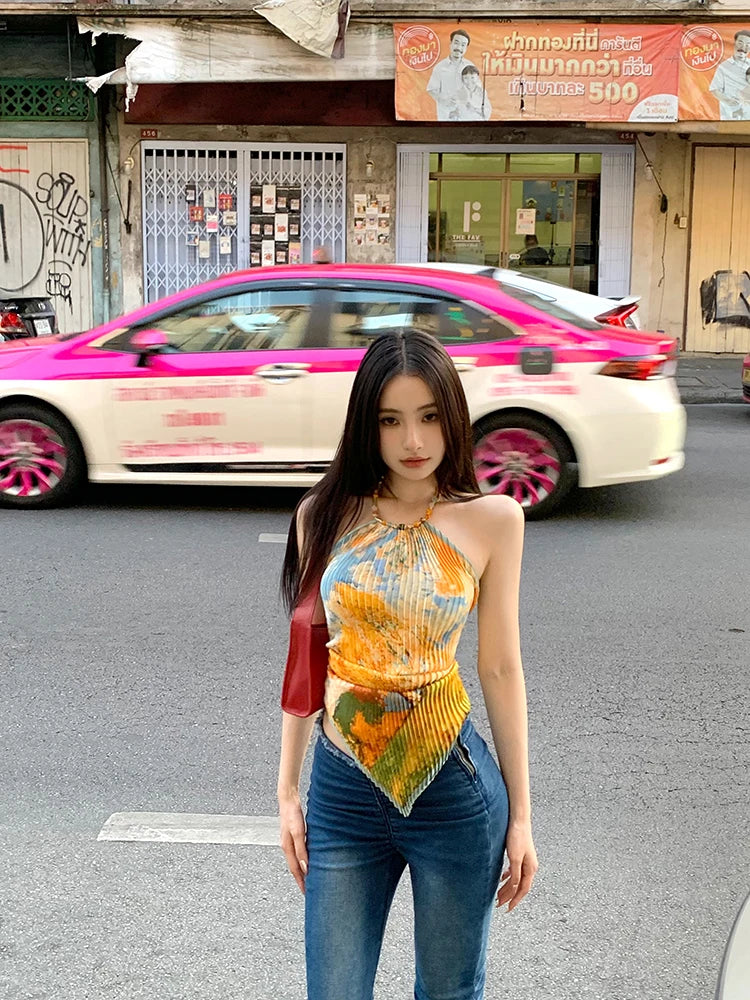 Tonngirls Vintage Tie Dye Tank Tops Women Sleeveless Lace Up Y2k Retro Camis Tops Backless Summer Korean Style Tank Tops 2000s