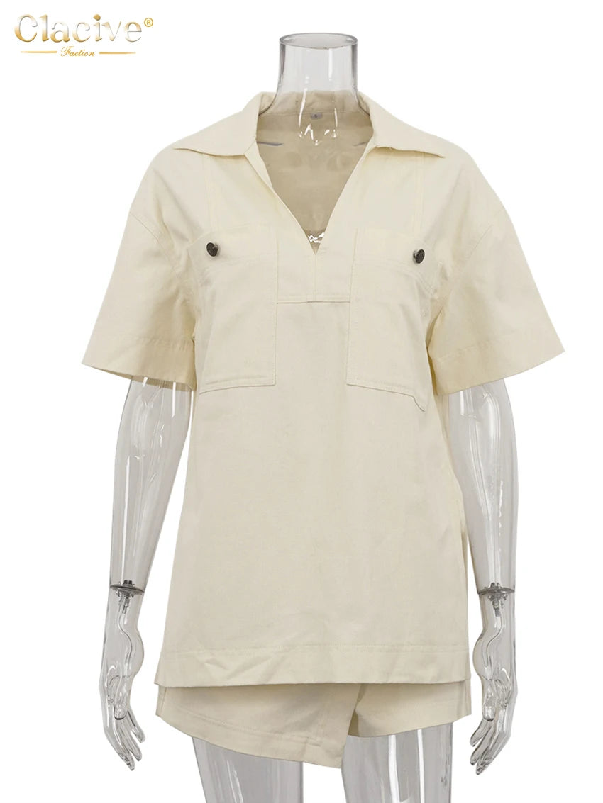 Clacive Fashion Loose Beige Cotton Women's Two Pieces Set Summer Short Sleeve Shirt With High Waist Shorts Set Female Clothing