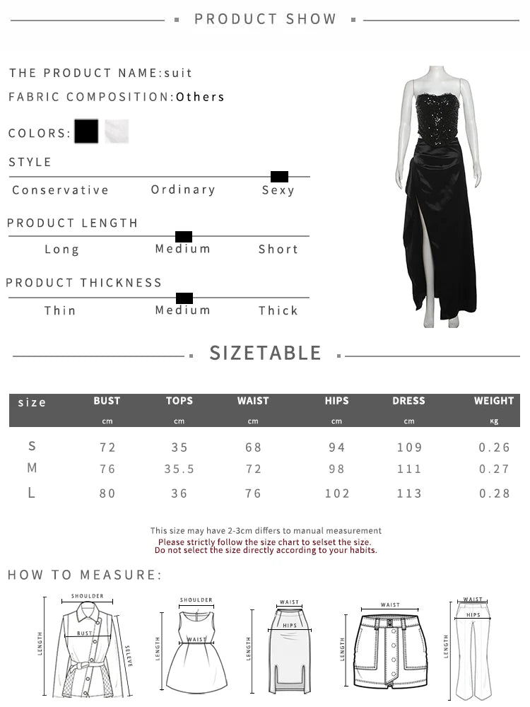 Weird Puss Prom Elegant 2 Piece Set Women Sequins Patchwork Backless Tube Tops+Ruched Slits Long Skirts Matching Sexy Trend Suit
