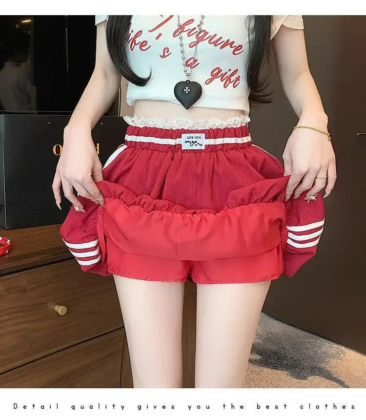 American Style Spliced Lace Stripe High Waist Half Skirt Women Summer Anti Exposure Flower Bud Puffy Short Skirt Polyester Fiber