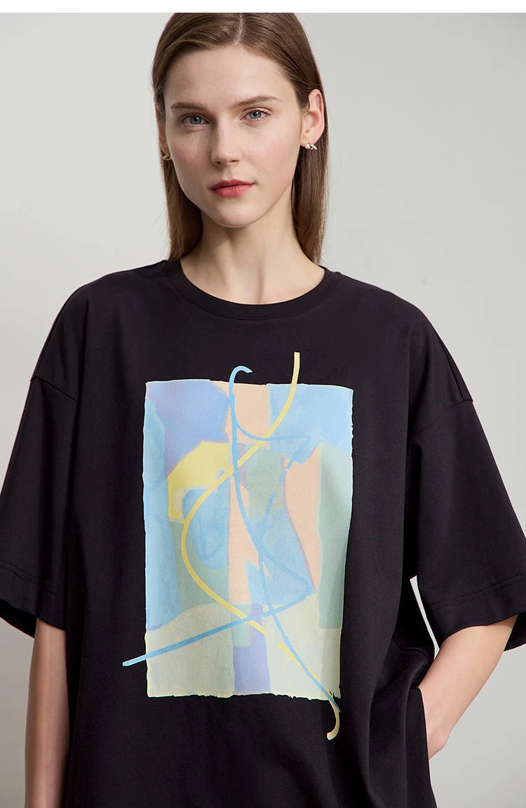 Amii Minimalist Summer T-shirt Women Irregular Design Tops Casual O-neck Abstract Print Loose Dropped Shoulder T-shirt 12522081