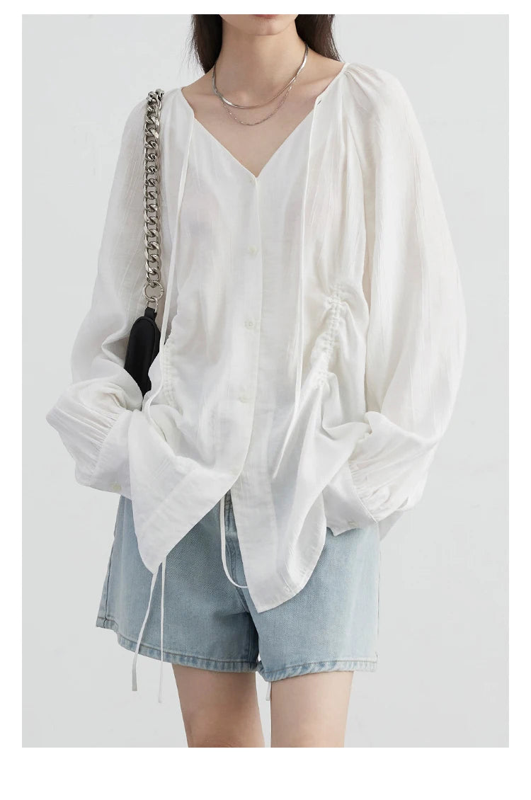 CHIC VEN Women Loose Lace Up Shirt Solid New Korean V-neck Pleated Raglan Long Sleeved Blouses Female Tops Spring Summer 2025