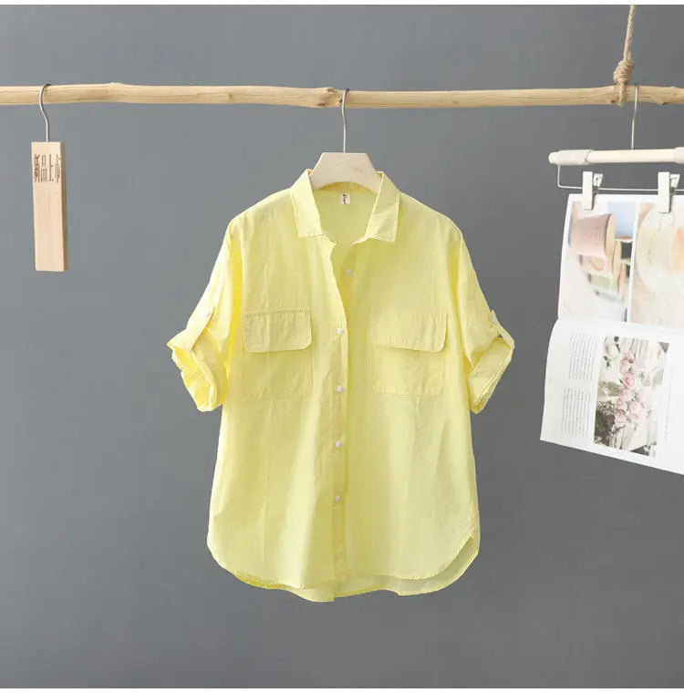 Summer Korean Style Solid Cotton Chic Women's Shirt Casual Loose All Match Office Lady Blouse Female Short Sleeve Blusas Mujer