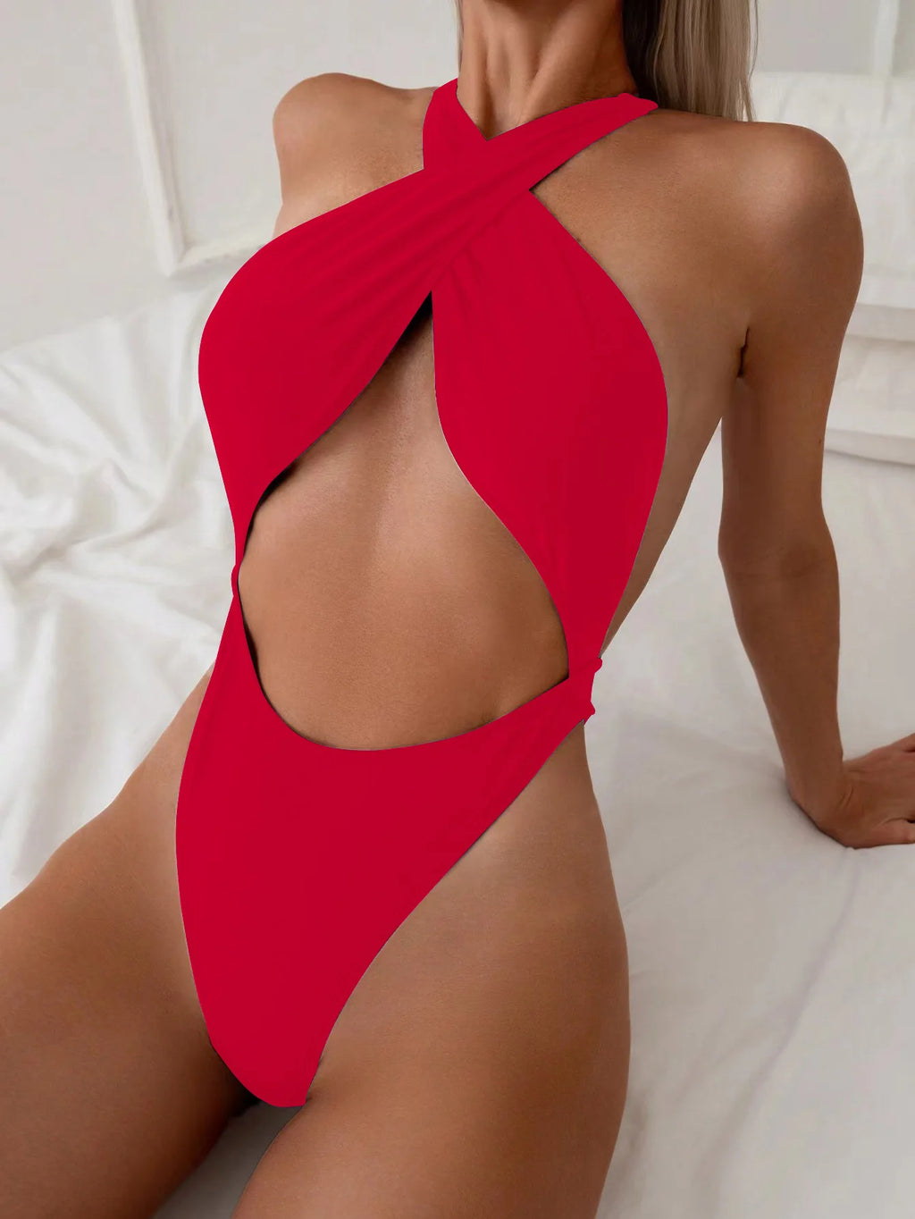 Sexy Black Red One Piece Swimsuit Women Halter Cross Hollow Out Bikini 2024 Beach Bathing Suit Backless Bandage Thong Swimwear