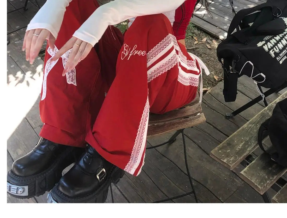 Dophee Original Spice Girls Elastic Waist All-match Loose Straight Wide Leg Pants Cute Bow Printed Splicing Lace Casual Trousers