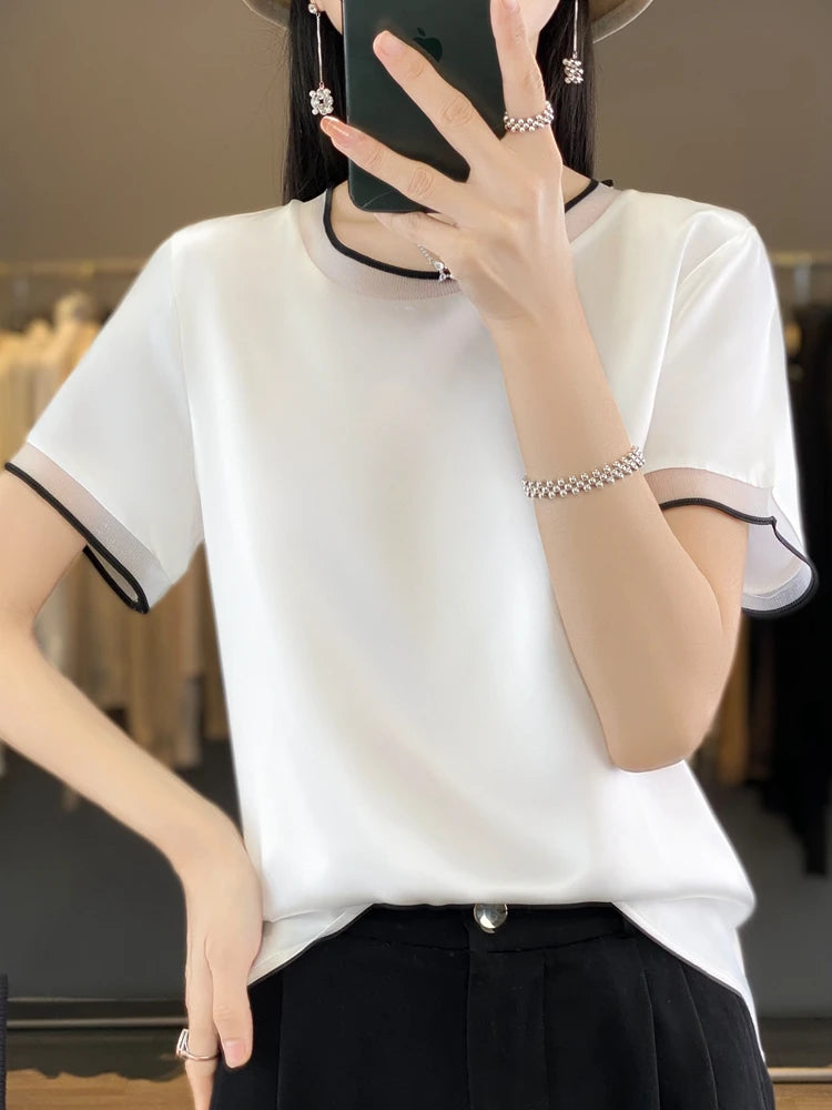 Oversize New Arrival T-Shirt Silky Satin Surface Women's Tees Short ONeck Tank Top Casual Slim Solid Lady Clothes Fashion Trends
