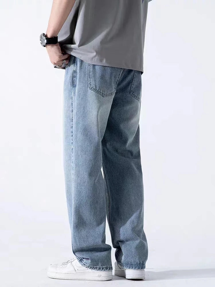 Spring Autumn Men's Jeans Straight Denim Pants Banding Waist Cotton Streetwear Wide Leg Loose Casual Blue Long Jeans Trousers