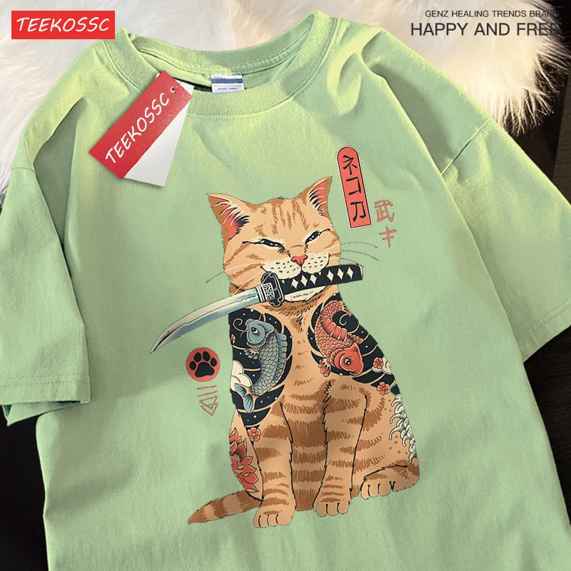 Japanese Harajuku Samurai Sword Cat T-Shirt Men Women Casual Tee Clothes Cotton Summer Tops Breathable Oversized T-Shirts Couple