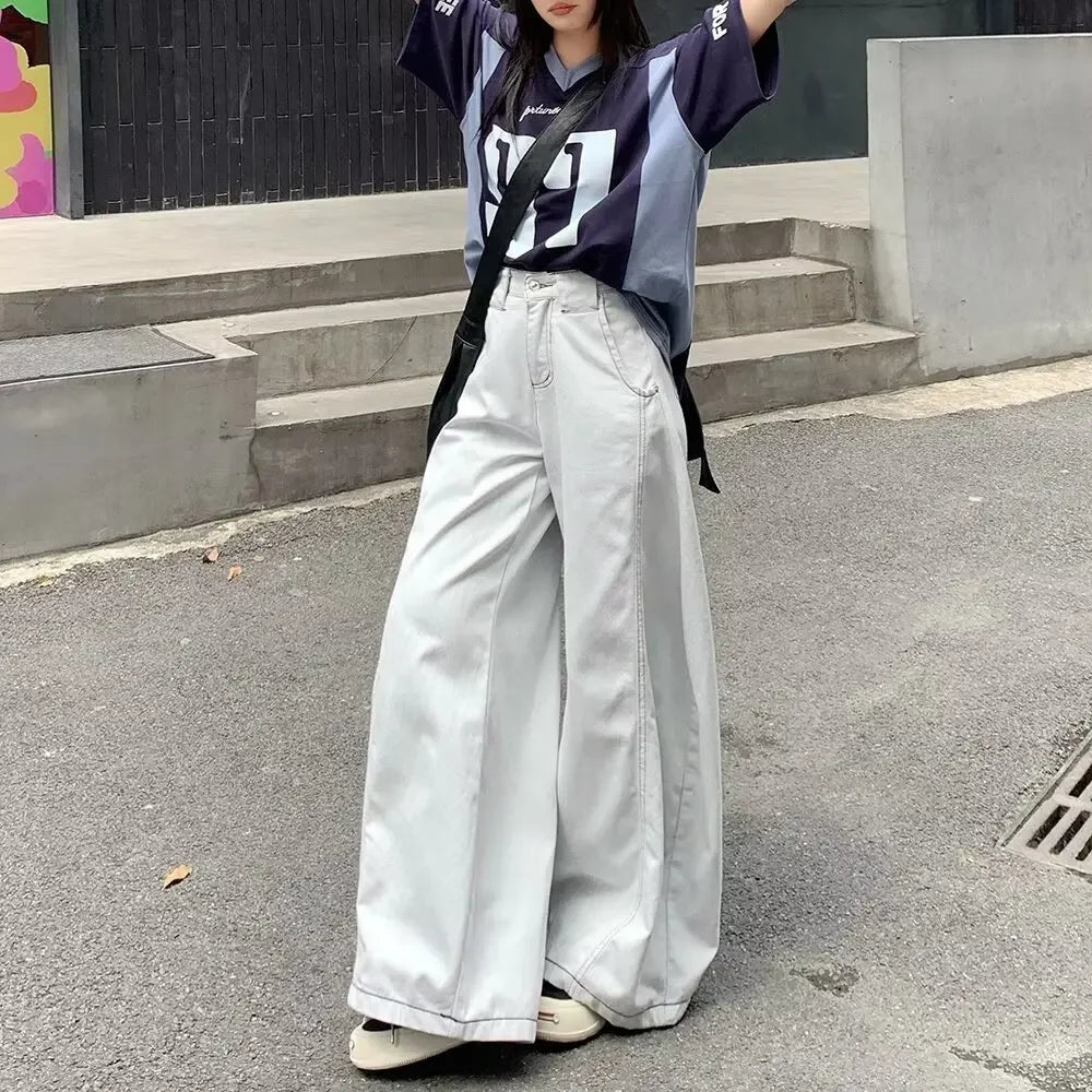 Men's Summer High Waist Straight Leg Jeans Slimming Loose Wide Leg Pants Retro Knife Edge Design Casual Fashion