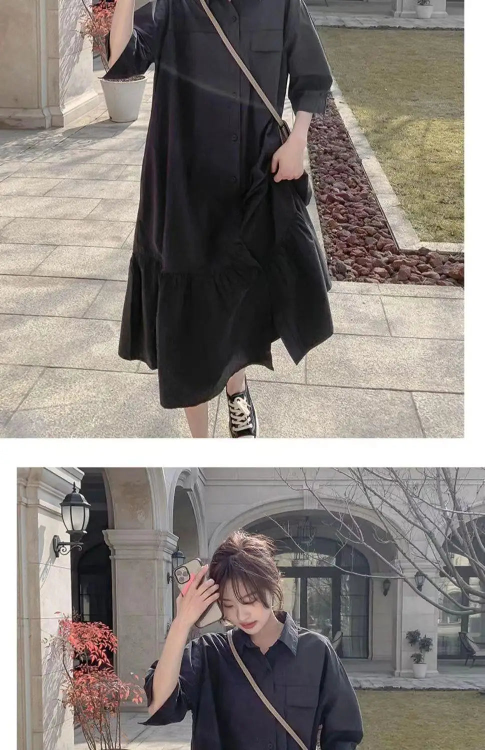 plus Size Khaki Shirt Dress Women Casual Summer Loose Fit High Waist A-Line Skirt Long Sleeve Polo Collar Polyester Fiber