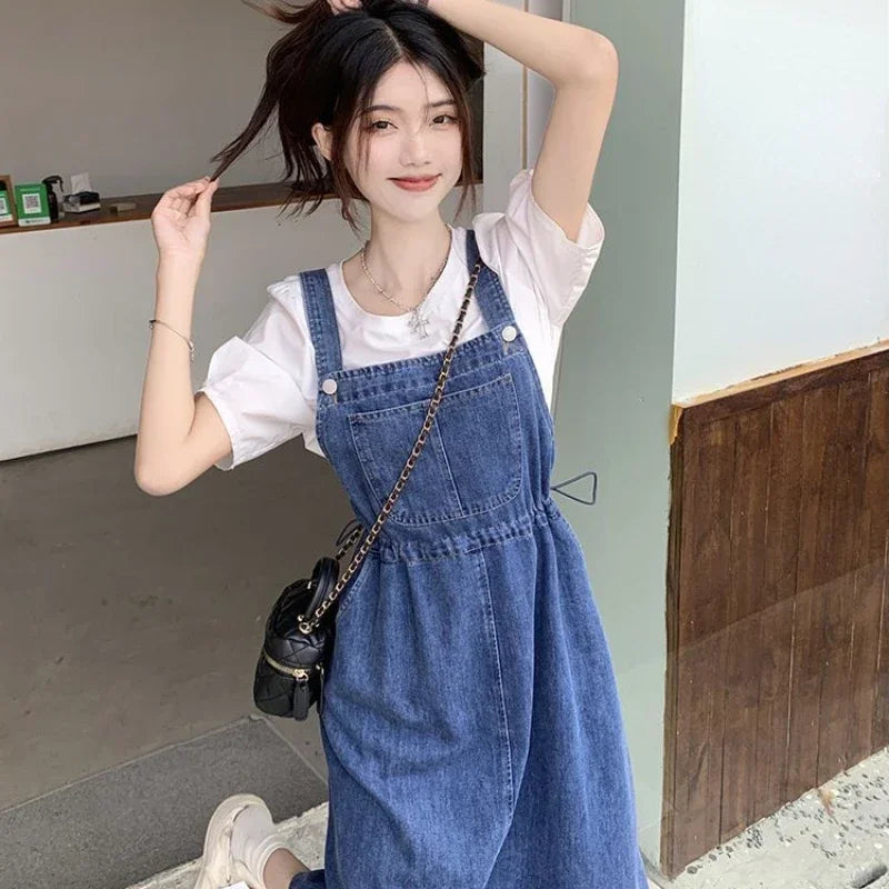 2025 Fashion Women Denim Suspender Skirt Spring Summer Causal Strap Female High Waist A-line Solid Lace-up Woman Skirt