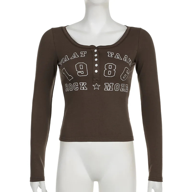 Black T-shirt Women Autumn Letter Print Streetwear Long Sleeves O-Neck Bodycon Sexy Top Button Fashion Casual Slim Tees Female