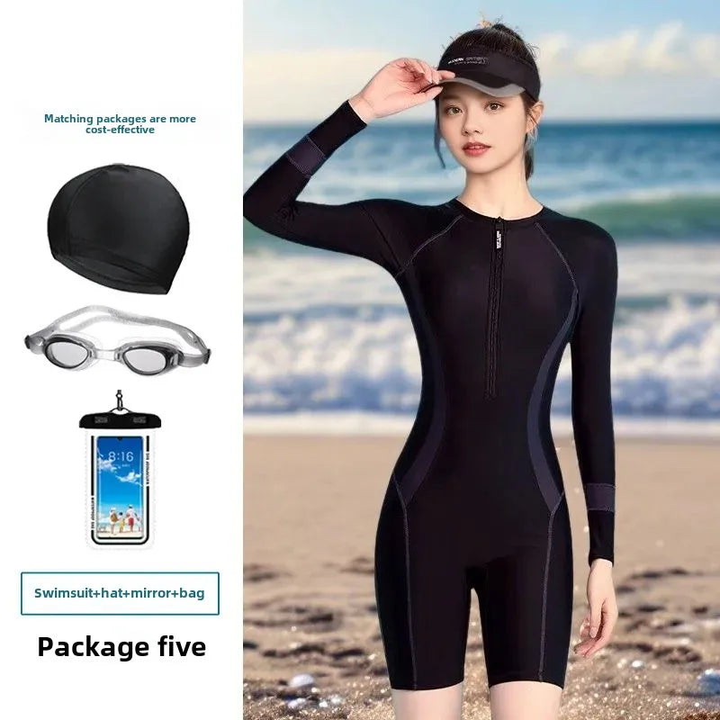 Conservative One-Piece Swimsuit for Women Long Sleeve Thermal Spa Swimwear Slimming Hide Meat Effect Surfing Thermal Spa Swimsui