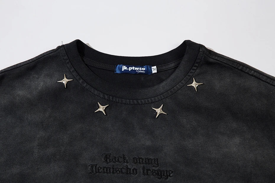 Distressed Ripped T Shirts Metal Star Tee Emrboidery Vintage Loose Tshirt 2025 Men Harajuku Streetwear Oversized Hip Hop T-shirt