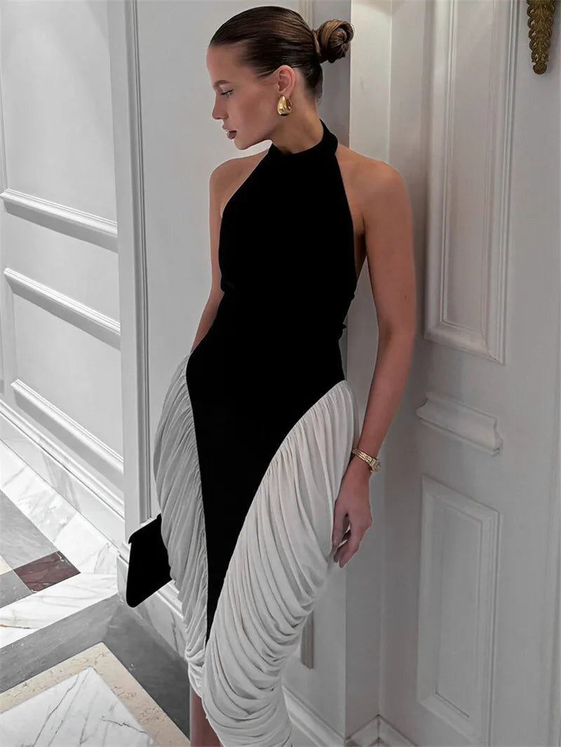 Mozision Patchwork Halter Backless Sexy Midi Dress Women Gown Elegant Fashion Contrast Color Sleeveless Pleated Long Dress