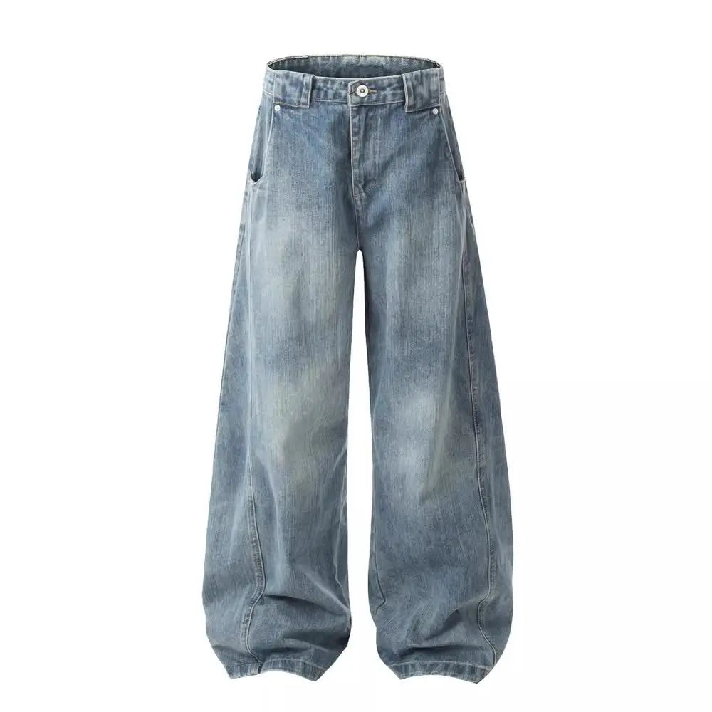 High street American men and women trendy hip-hop washed curved knife jeans for couples loose retro wide leg casual pants y2k
