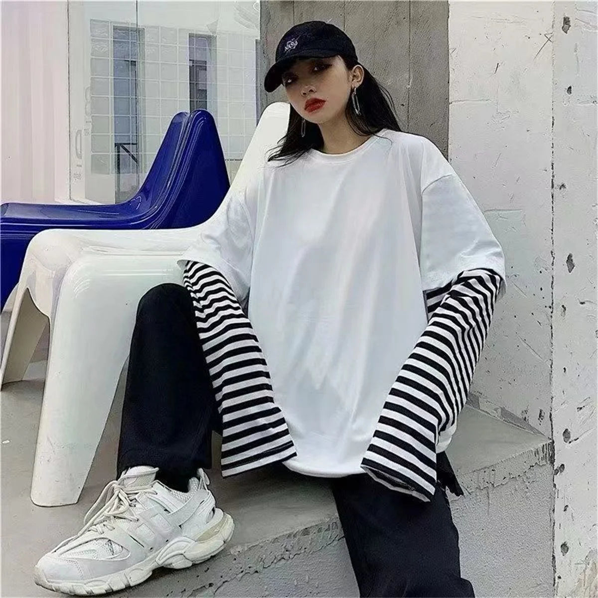 Long Sleeve Fake Two-piece T Shirt Striped Big Shirts Men Clothing Men Fashion Oversized Tees Clothes Tshirt Harajuku Tops Femme