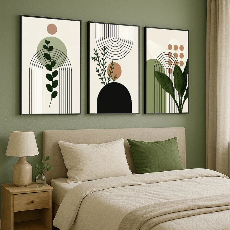 3 Piece Botanical Wall Art Set Modern Green Minimalist  Fresh Plant Canvas Prints for Living Room or Bedroom Home Decor