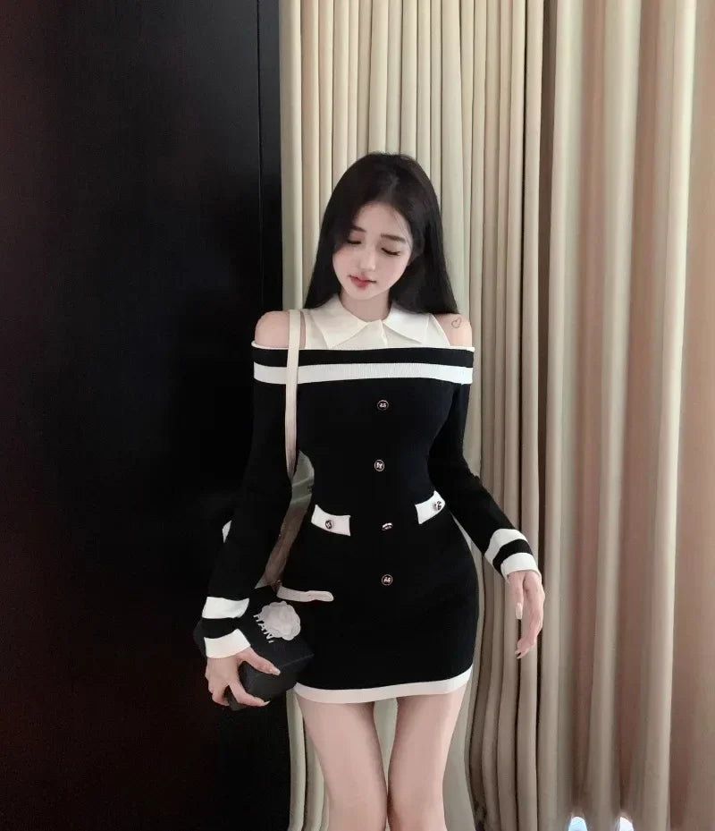 Hot Girl Off Shoulder Long-sleeved Knitted Dress Women's Autumn Fake Two-piece Shirts Spliced Sexy Wrapped Hip Short Dress