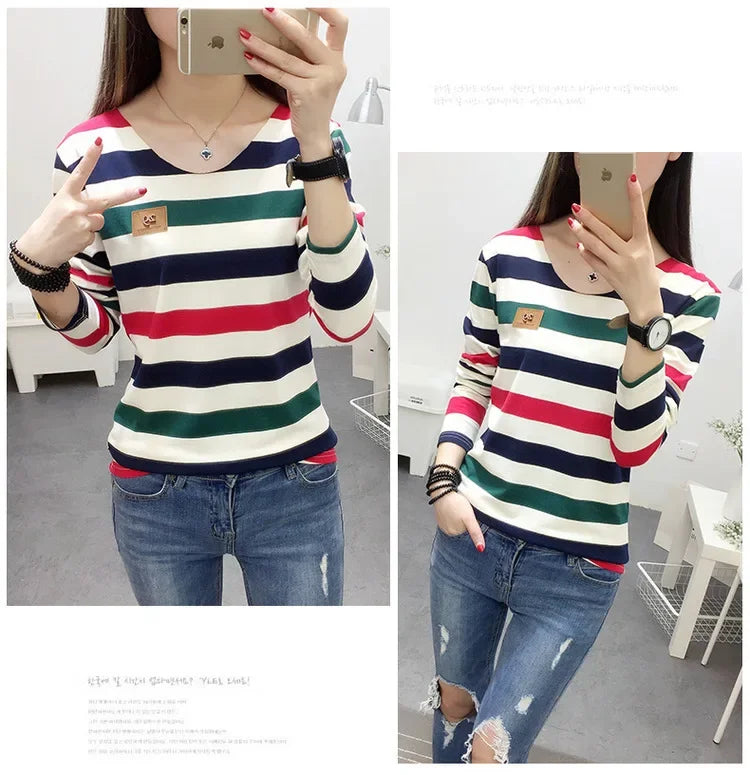 Korean Style Spring Autumn Women's T-shirt New Stripe Long Sleeve Top Slimming Base Layer Inner Outer Wear V-neck