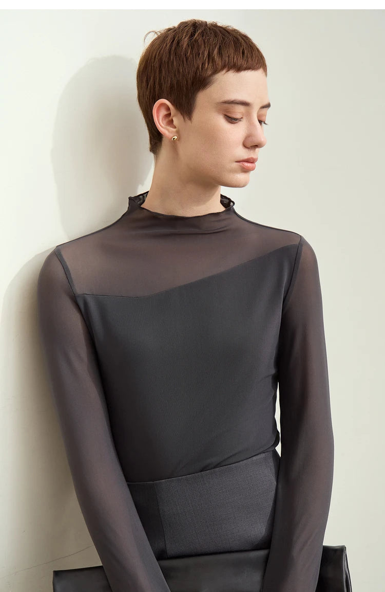 Amii Minimalism Mesh T-shirts For Women 2025 Spring New Office Lady Half-high Neck Micro Perspective Slim Retro Shirt 12423055