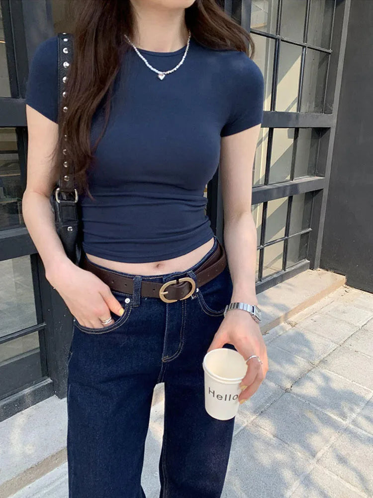 Basic Solid Crop Top Short Sleeve Crewneck Skinny T-shirt Summer Casual Tee for Women y2k Vintage Top Harajuku Streetwear