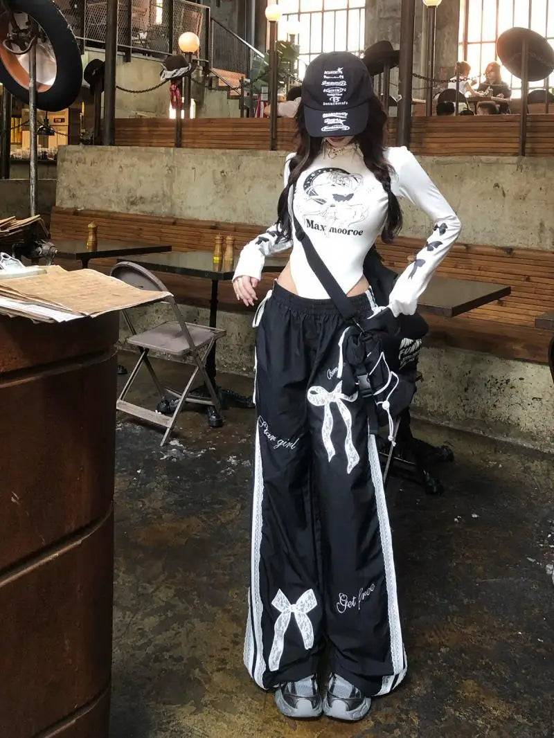 Dophee Original Spice Girls Elastic Waist All-match Loose Straight Wide Leg Pants Cute Bow Printed Splicing Lace Casual Trousers