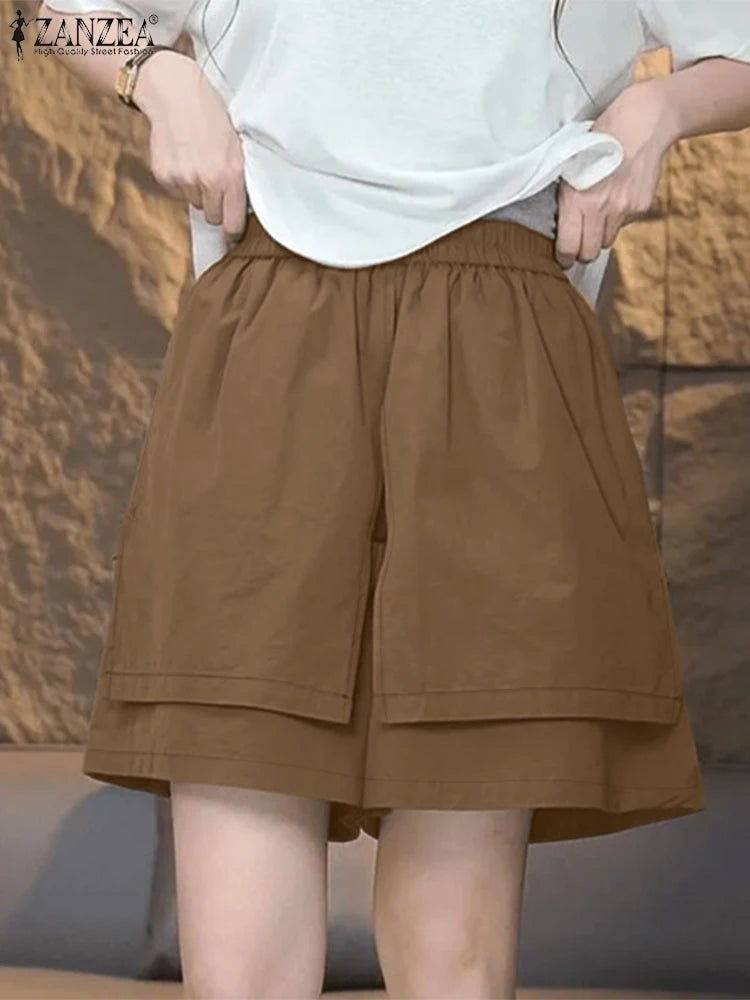 2025 ZANZEA Summer Shorts Women Fashion Casual Elastic Waist Trousers Vintage Holiday Beach Pant Solid Loose Pantalon Plus Size