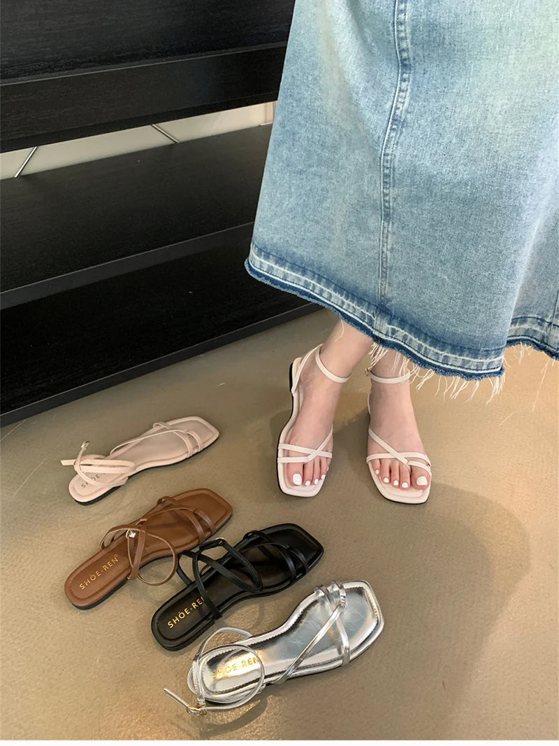 2025 Summer Gladiator Women Sandals Fashion Elegant Narrow Band Clip Toe Shoes Ladies Comfort Flats Beach Sandalias