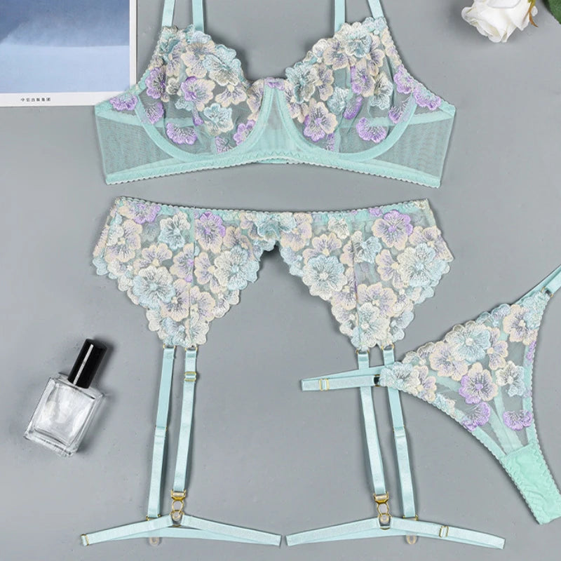 2025 New Erotic Set See-Through Embroidered Sexy Eyelash Lace Body Shaping Lingerie Four-Piece Set Women Onlyfan