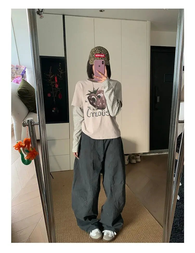 HOUZHOU Y2K Vintage Wash Women Cargo Jeans Harajuku Scimitar Wide Leg American Retro Denim Pants Baggy Trousers Gyaru Streetwear