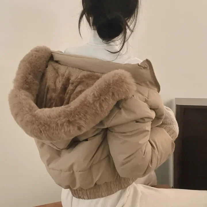 South korea Chic Autumn and Winter Fur Collar Hood Short down Coat Women Fashion Thick Warm Fleece-lined Cotton-padded jacket...