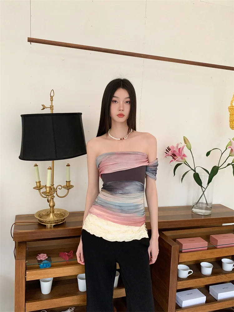 CHEERART Tie Dye Off The Shoulder Mesh Top For Women One Shoulder Designer Crop Top Fashion T Shirt Summer 2025 Clothing