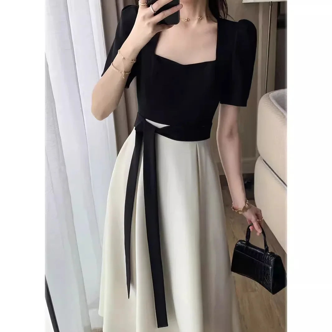 Elegant High-waisted Slimming Black Square Collar Long Dress 2024 New Style Vintage French Fashion For Women