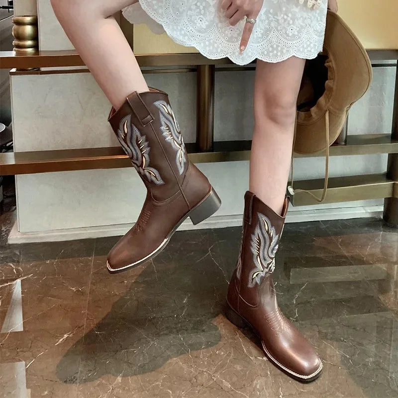 Fall Women Mid-calf Boots 2025 Vintage Leather-covered Brown Western Cowboy Boots Embroidered Chunky Heel Thigh-high Knight Boot